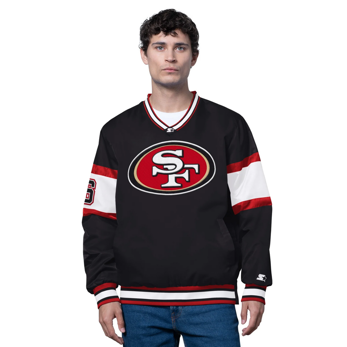 SAN FRANCISCO 49ERS MEN'S STARTER SIGNAL CALLER PULLOVER JACKET - BLACK/RED