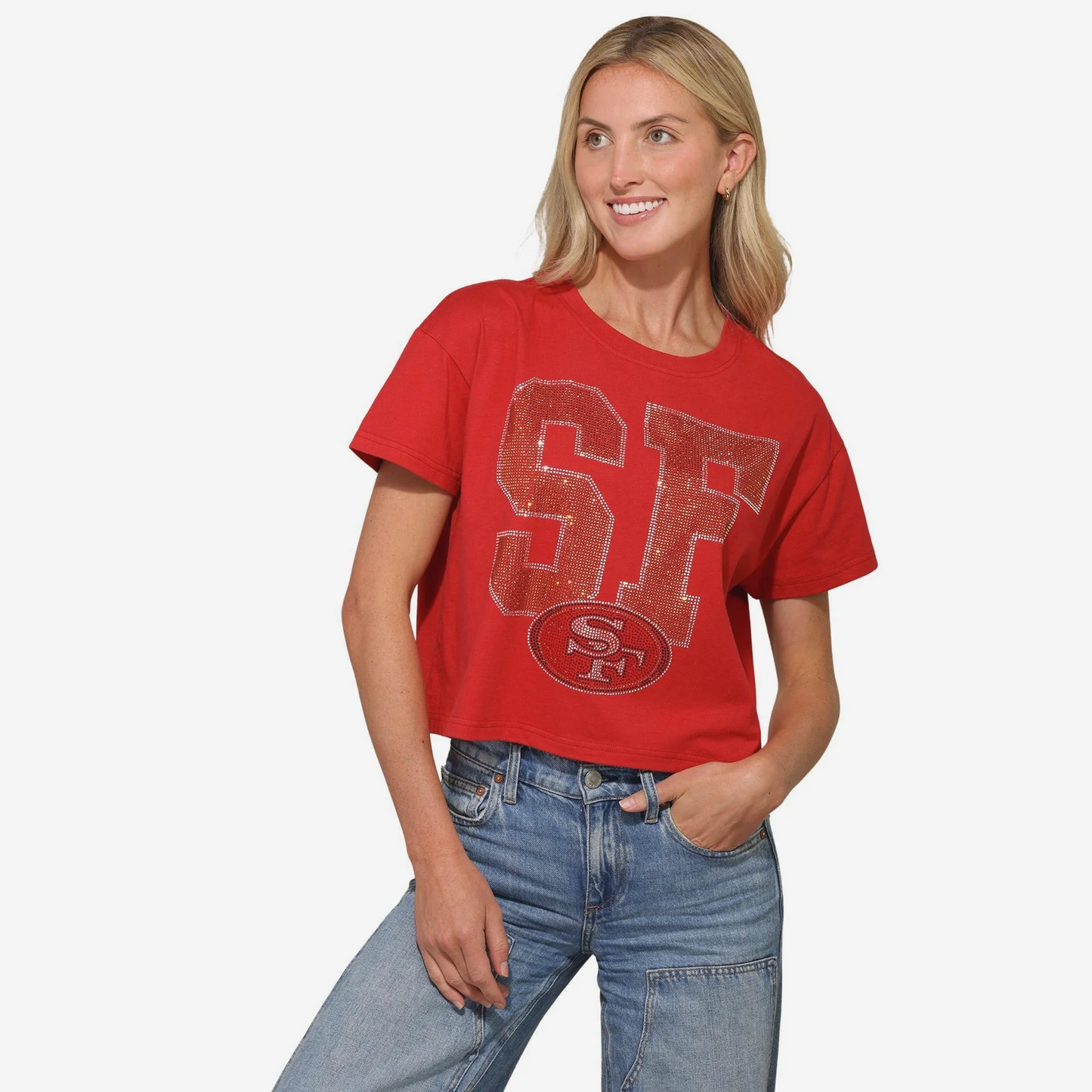SAN FRANCISCO 49ERS WOMEN'S FOCO RHINESTONE LOGO CROP TOP T-SHIRT - RED
