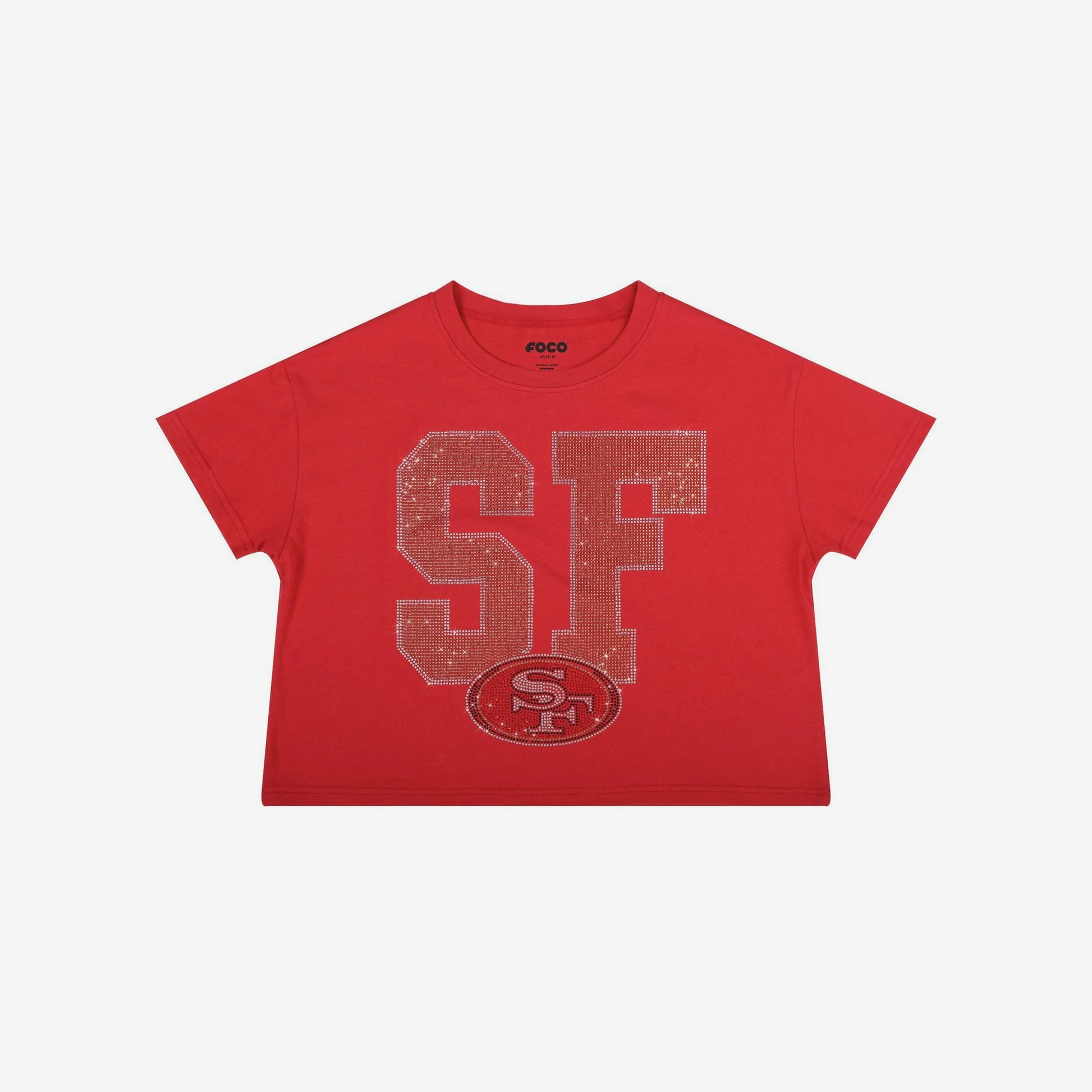 SAN FRANCISCO 49ERS WOMEN'S FOCO RHINESTONE LOGO CROP TOP T-SHIRT - RED