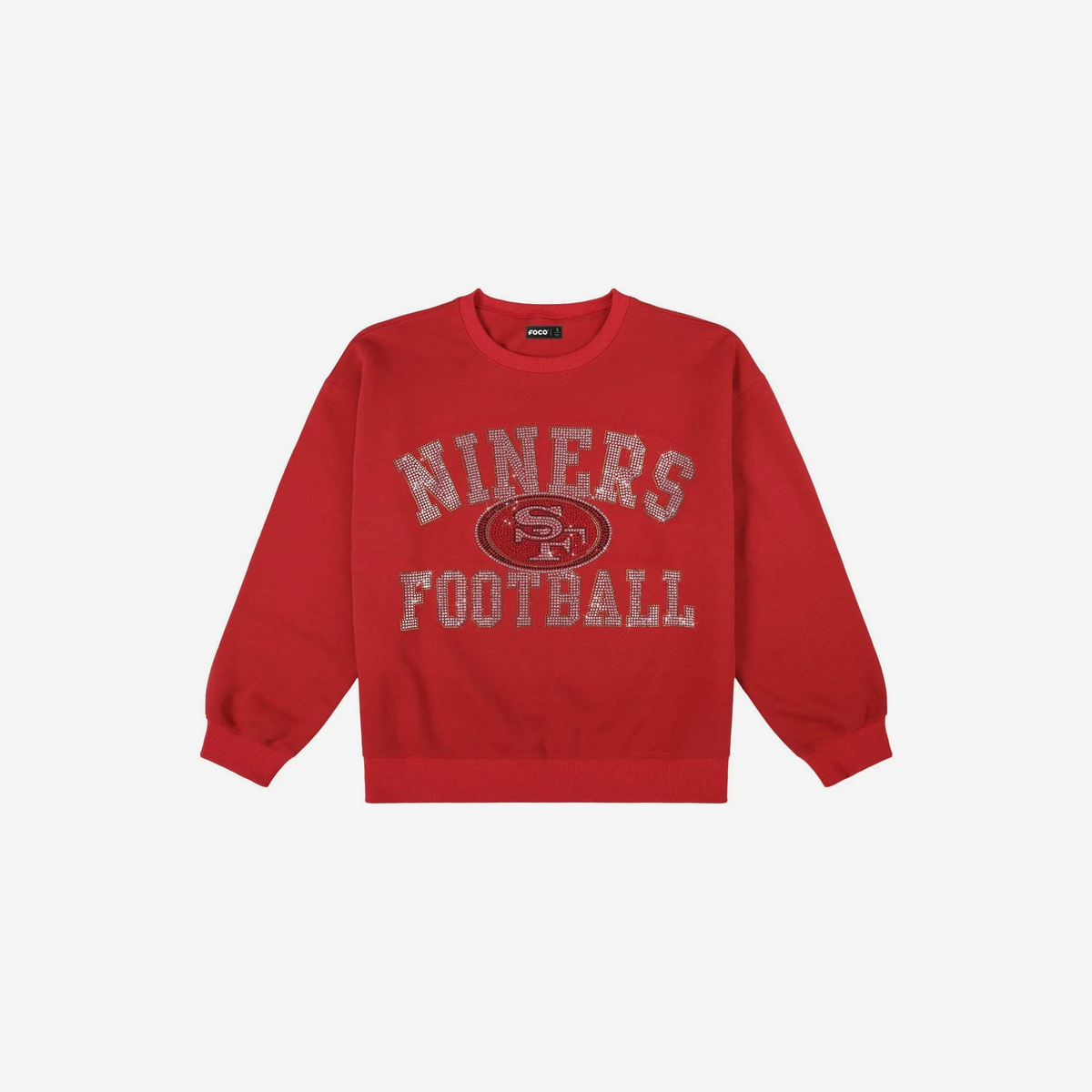 SAN FRANCISCO 49ERS WOMEN'S FOCO RHINESTONE LOGO OVERSIZED CREW NECK SWEATSHIRT - RED