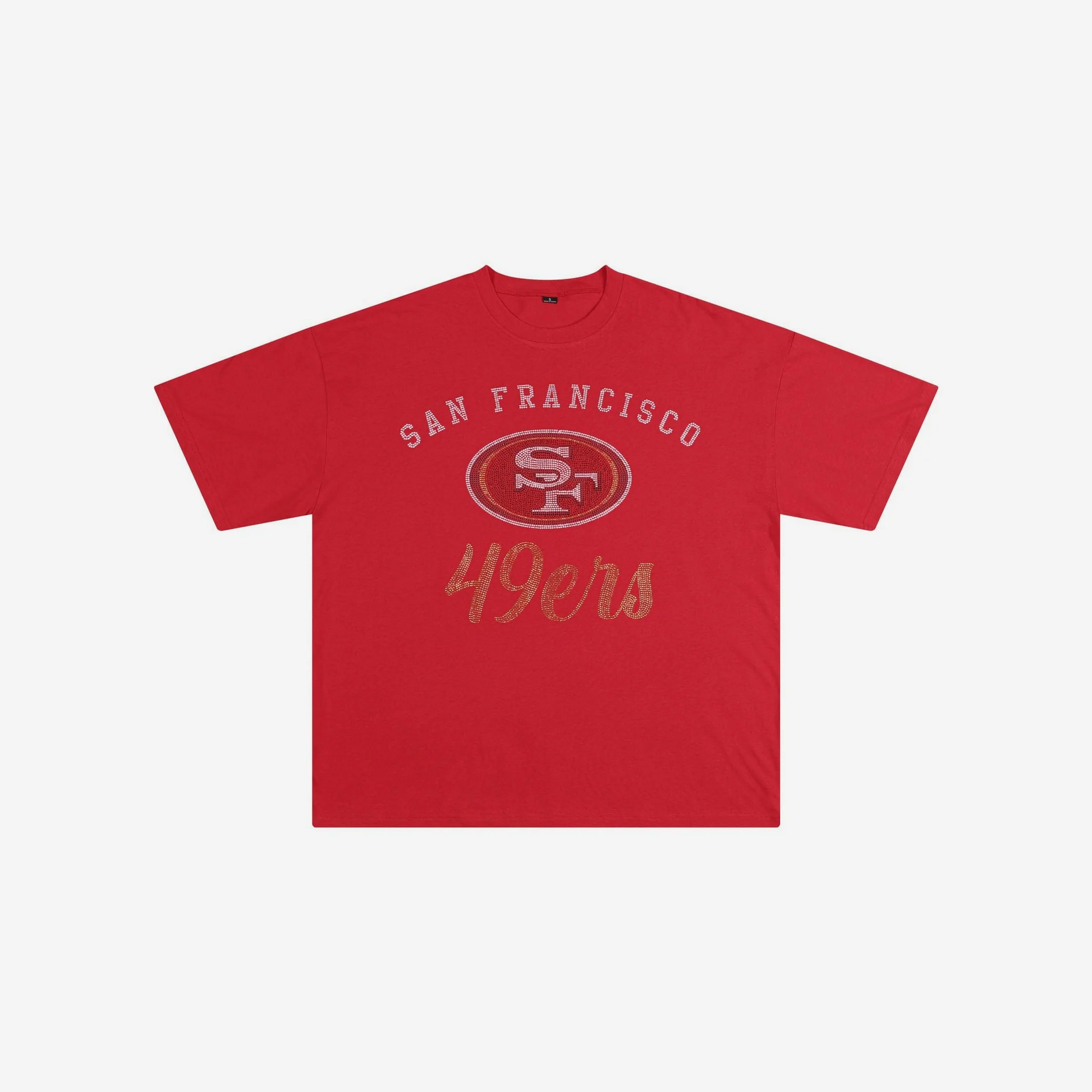 SAN FRANCISCO 49ERS WOMEN'S FOCO RHINESTONE LOGO OVERSIZED T-SHIRT - RED