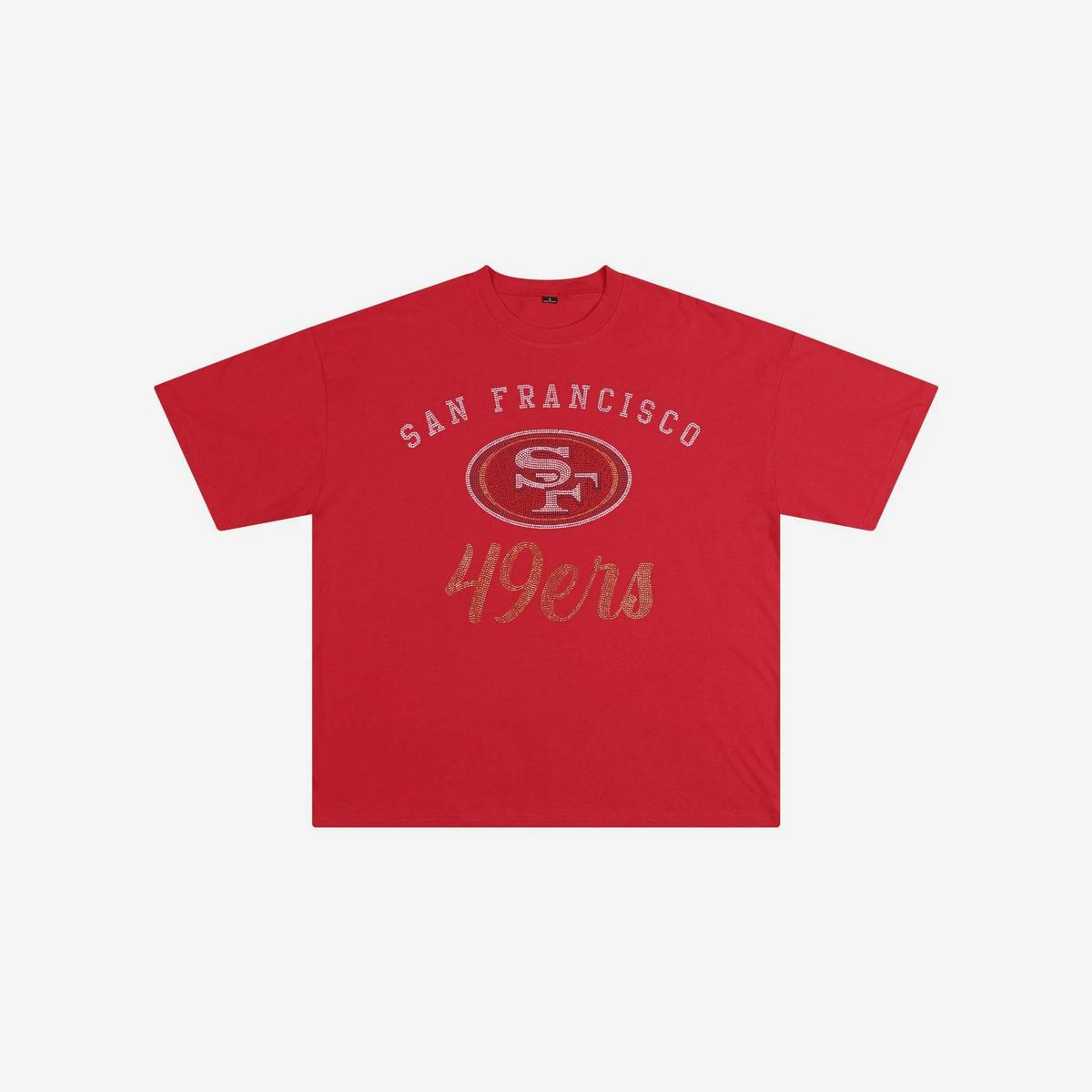 SAN FRANCISCO 49ERS WOMEN'S FOCO RHINESTONE LOGO OVERSIZED T-SHIRT - RED