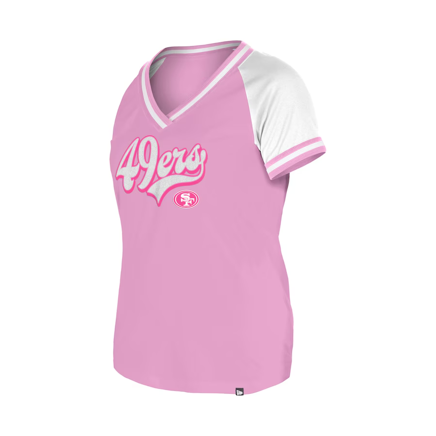 SAN FRANCISCO 49ERS WOMEN'S GLITTER SCRIPT RAGLAN V-NECK T-SHIRT - PINK