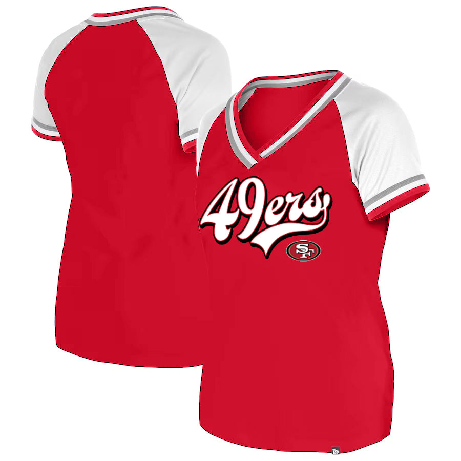 SAN FRANCISCO 49ERS WOMEN'S GLITTER SCRIPT RAGLAN V-NECK T-SHIRT - RED