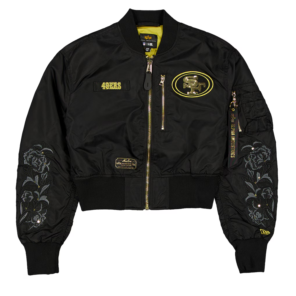 SAN FRANCISCO 49ERS WOMEN'S NEWERA X ALPHA INDUSTRIES CROPPED FULL-ZIP JACKET - BLACK/GOLD