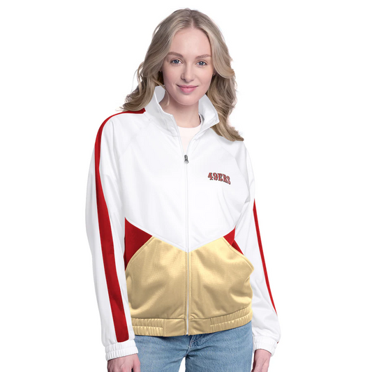 SAN FRANCISCO 49ERS WOMEN'S RALLY RHINESTONE RAGLAN FULL-ZIP TRACK JACKET - WHITE/RED