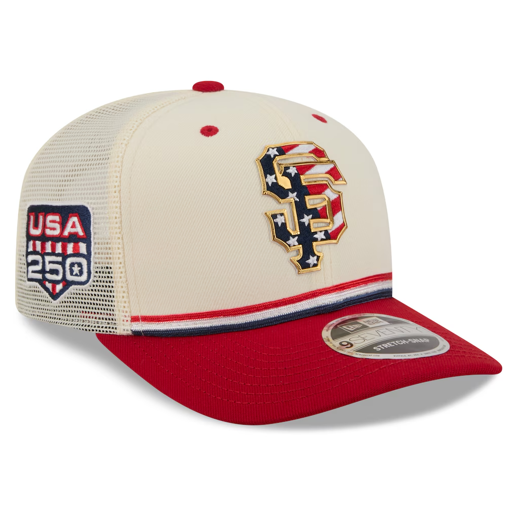 SAN FRANCISCO GIANTS 2026 MLB USA 250 4TH OF JULY 9SEVENTY ADJUSTABLE SNAPBACK TRUCKER HAT - CHROME WHITE/RED
