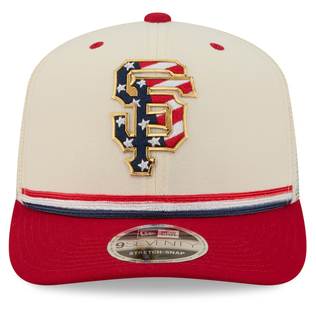 SAN FRANCISCO GIANTS 2026 MLB USA 250 4TH OF JULY 9SEVENTY ADJUSTABLE SNAPBACK TRUCKER HAT - CHROME WHITE/RED