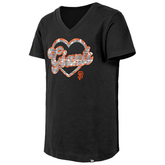 SAN FRANCISCO GIANTS GIRLS FLIP HEART SEQUIN V-NECK T-SHIRT - BLACK