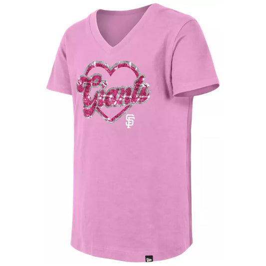 SAN FRANCISCO GIANTS GIRLS FLIP HEART SEQUIN V-NECK T-SHIRT - PINK