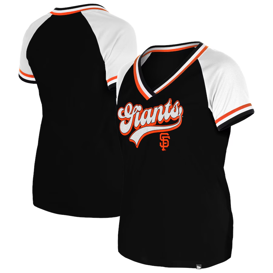 SAN FRANCISCO GIANTS WOMEN'S GLITTER SCRIPT RAGLAN V-NECK T-SHIRT - BLACK