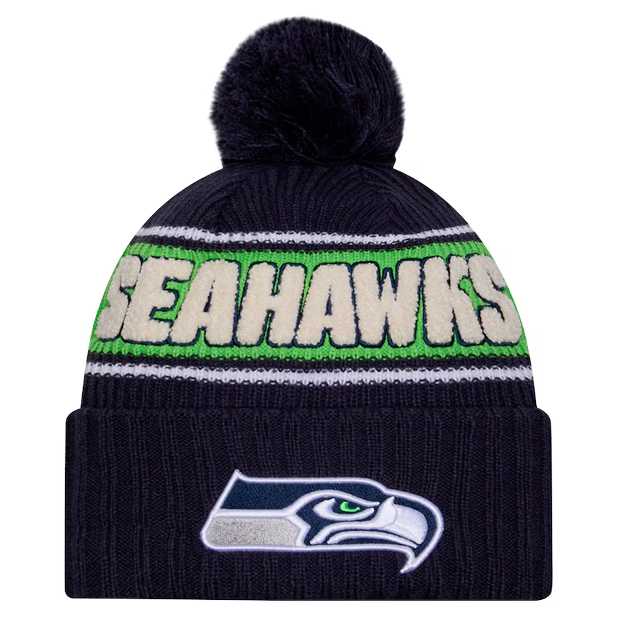 SEATTLE SEAHAWKS 2024 NFL SIDELINE CUFFED KNIT BEANIE WITH POM  - BLUE