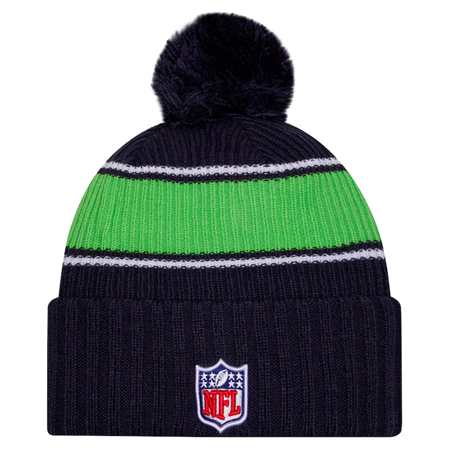 SEATTLE SEAHAWKS 2024 NFL SIDELINE CUFFED KNIT BEANIE WITH POM  - BLUE
