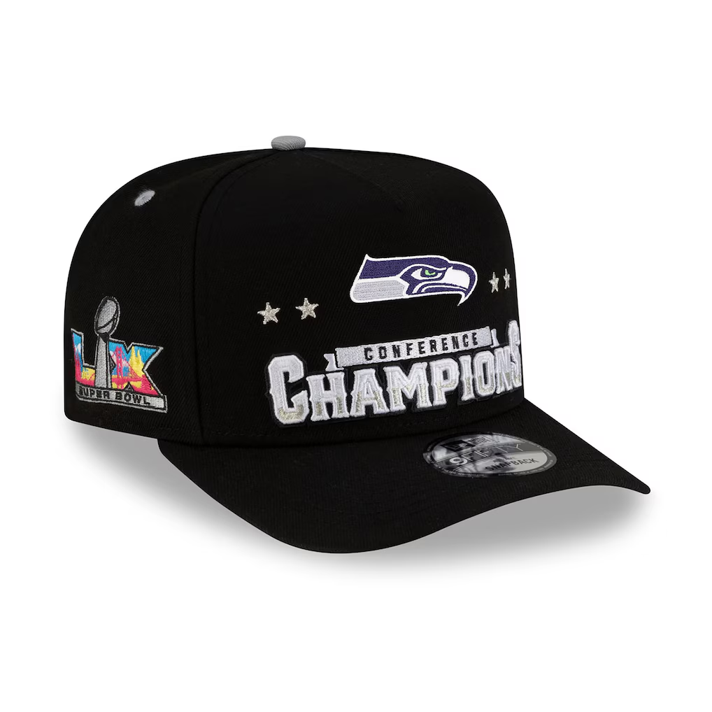 SEATTLE SEAHAWKS 2025 NFC CONFERENCE CHAMPIONS LOCKER ROOM 9FIFTY A-FRAME SNAPBACK HAT - BLACK