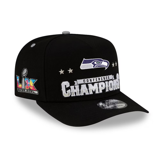 SEATTLE SEAHAWKS 2025 NFC CONFERENCE CHAMPIONS LOCKER ROOM 9FIFTY A-FRAME SNAPBACK HAT - BLACK