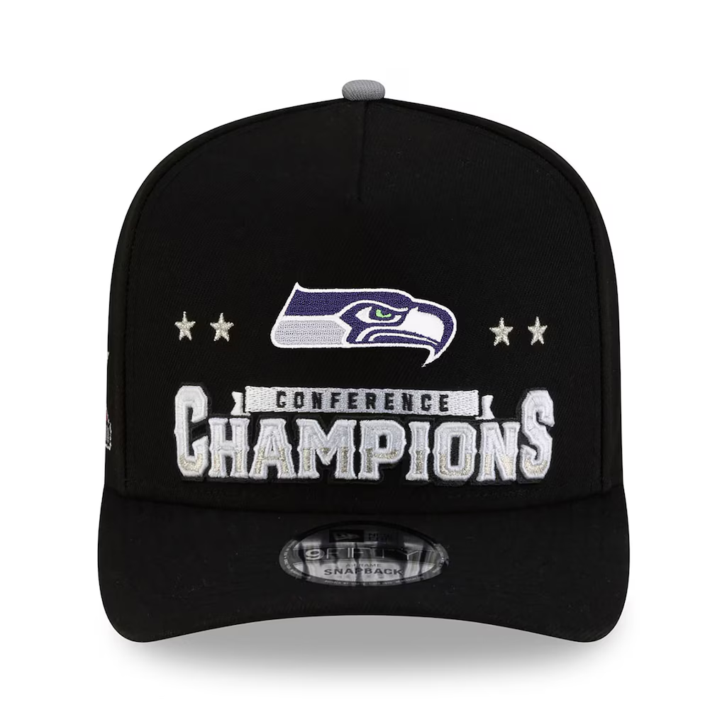 SEATTLE SEAHAWKS 2025 NFC CONFERENCE CHAMPIONS LOCKER ROOM 9FIFTY A-FRAME SNAPBACK HAT - BLACK