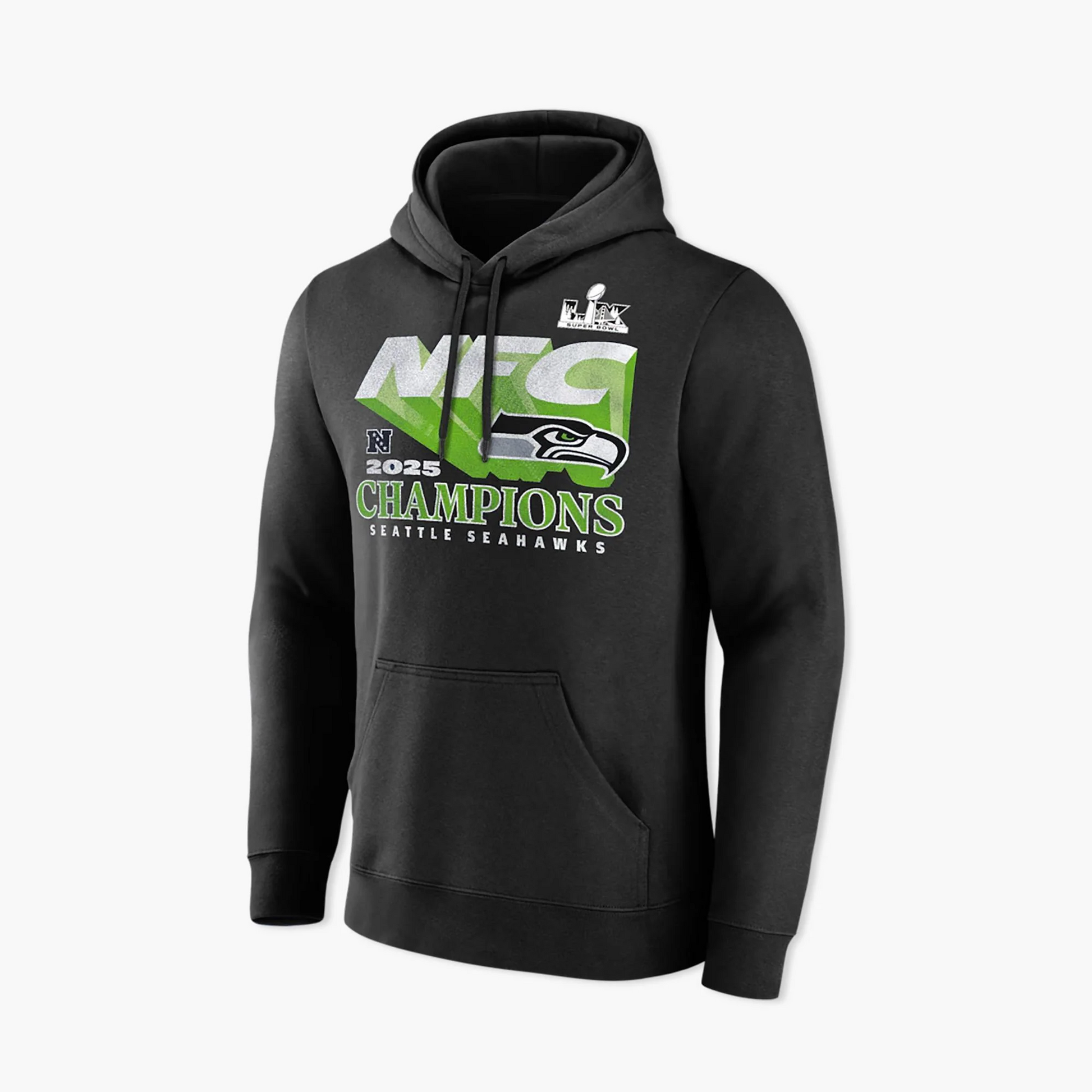 SEATTLE SEAHAWKS MEN'S 2025 NFC CHAMPIONS QUICK PASS PULLOVER HOODED SWEATSHIRT - BLACK