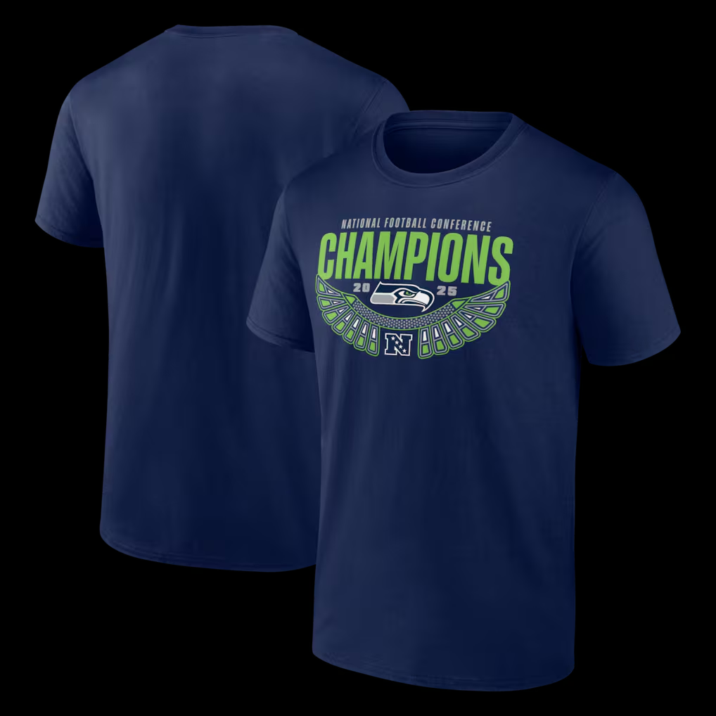 SEATTLE SEAHAWKS MEN'S 2025 NFC CONFERENCE CHAMPIONS HOMETOWN NOT DONE T-SHIRT