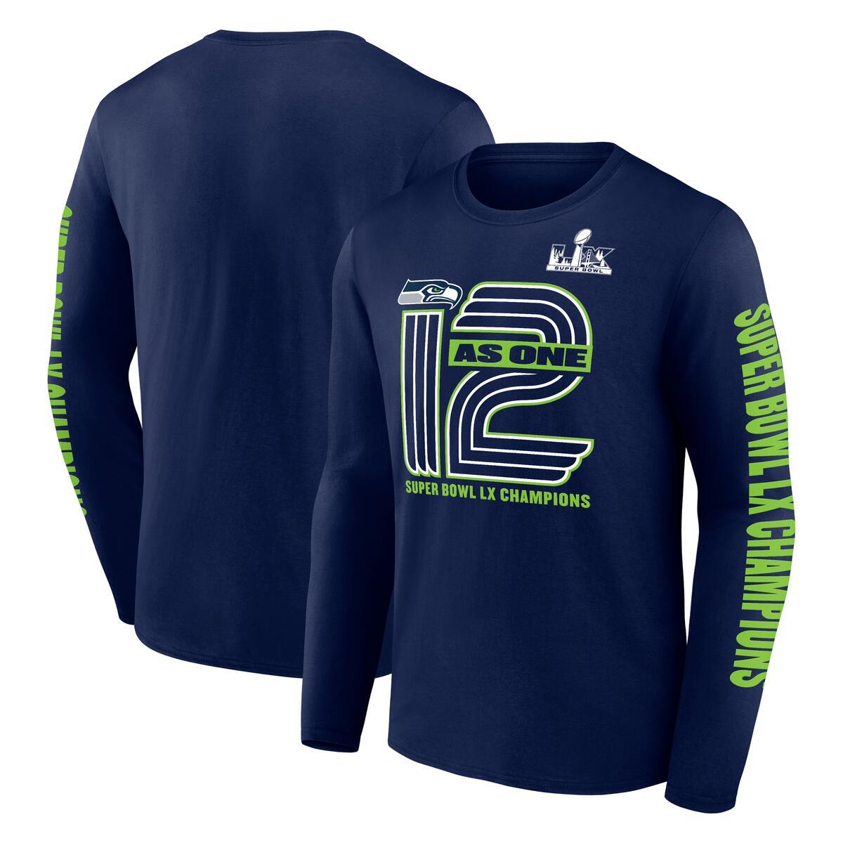 SEATTLE SEAHAWKS MEN'S SUPER BOWL LX CHAMPIONS HOMETOWN ON TOP LONG SLEEVE T-SHIRT - NAVY