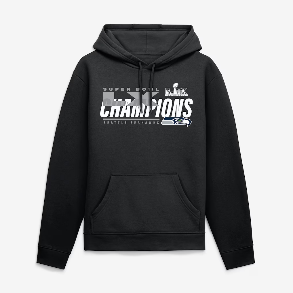 SEATTLE SEAHAWKS MEN'S SUPER BOWL LX CHAMPIONS ICONIC VICTORY PULLOVED HOODED SWEATSHIRT - BLACK