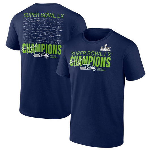 SEATTLE SEAHAWKS MEN'S SUPER BOWL LX CHAMPIONS PLAYER AUTOGRAPH SIGNING ROSTER T-SHIRT - NAVY