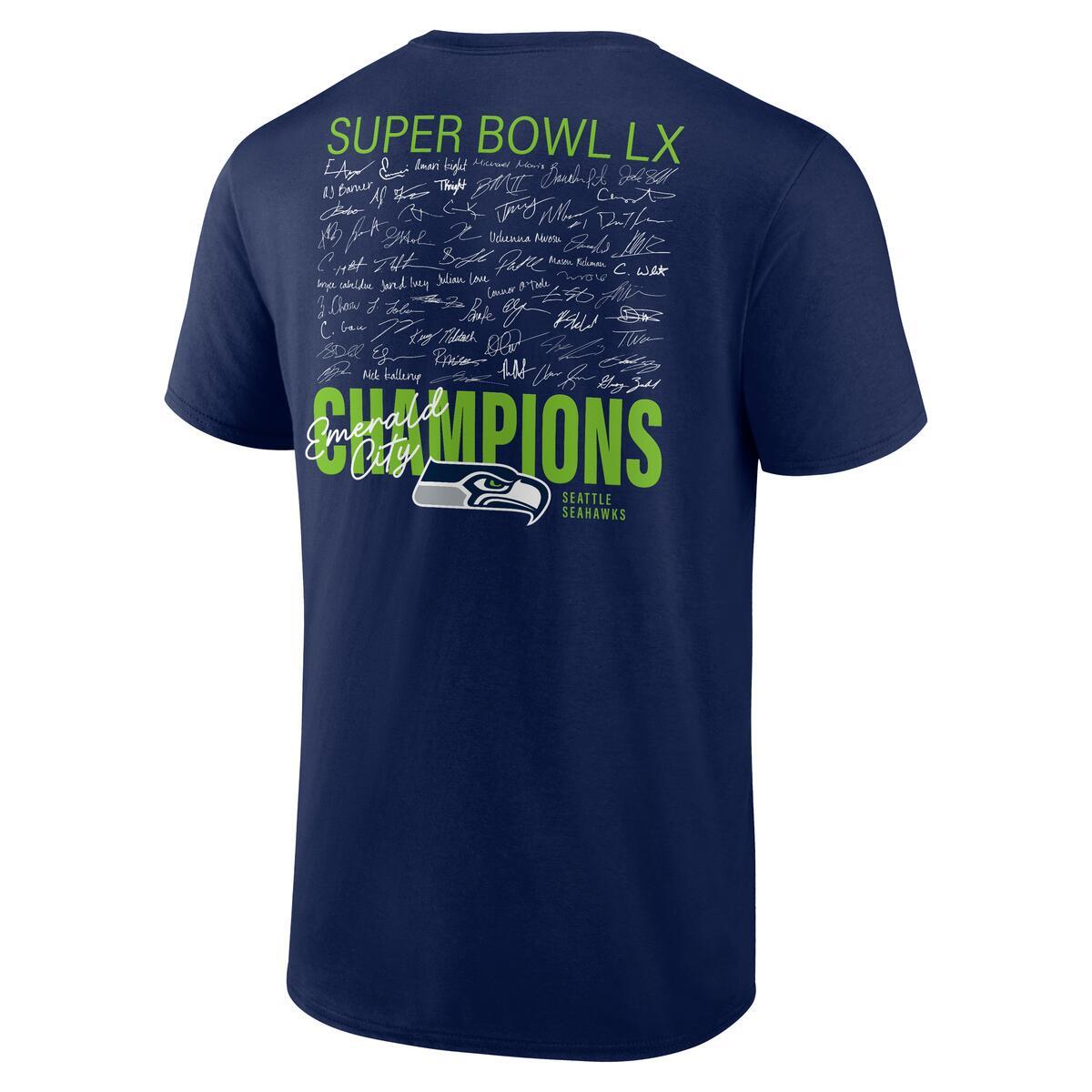 SEATTLE SEAHAWKS MEN'S SUPER BOWL LX CHAMPIONS PLAYER AUTOGRAPH SIGNING ROSTER T-SHIRT - NAVY