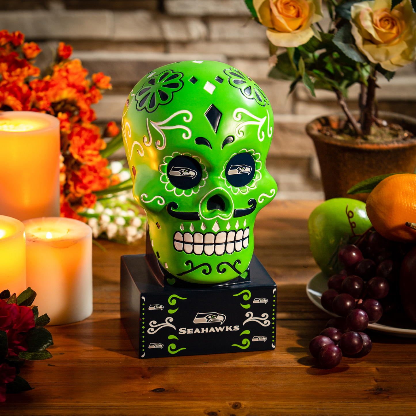 SEATTLE SEAHAWKS SUGAR SKULL HEAD - NEON GREEN/NAVY