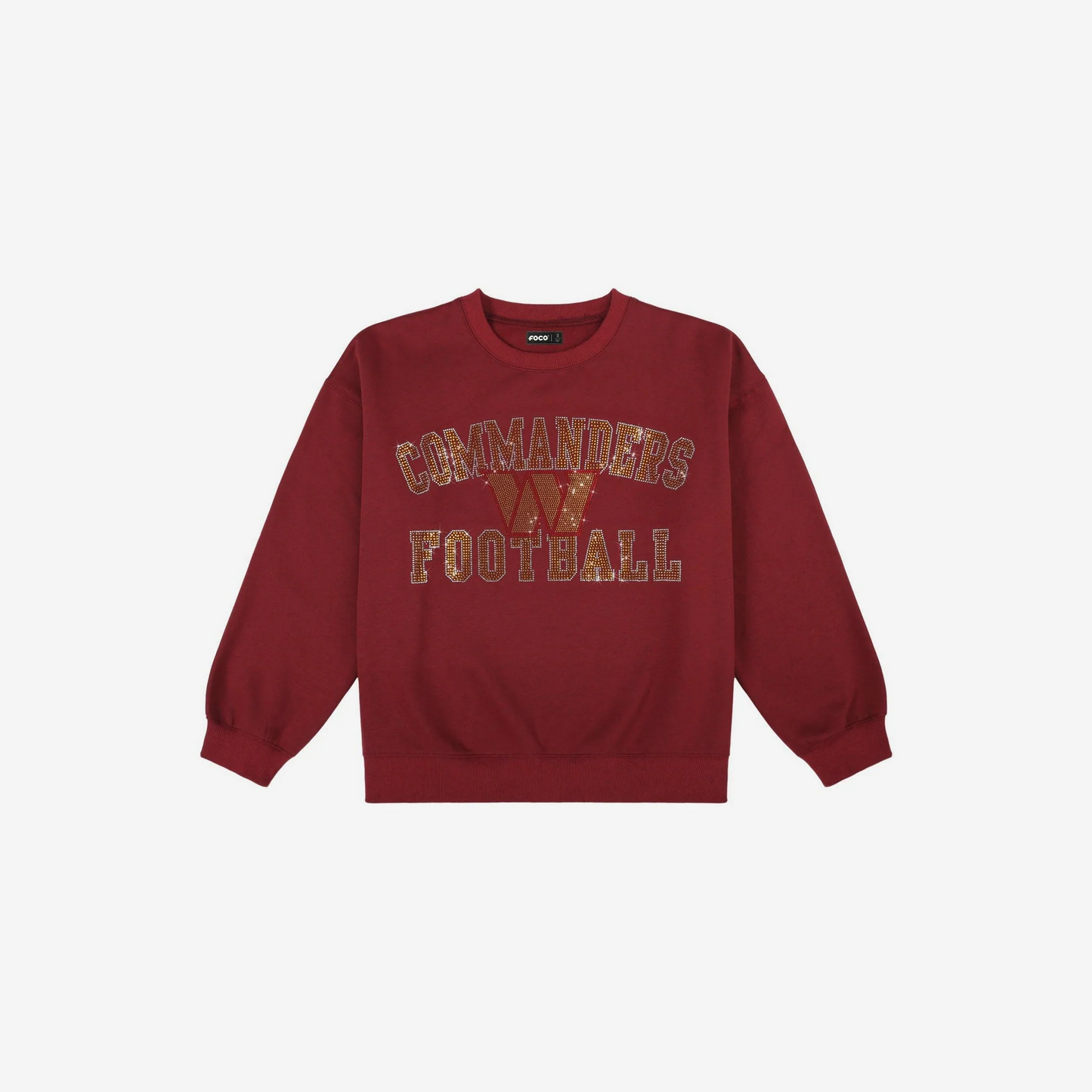 WASHINGTON COMMANDERS WOMEN'S FOCO RHINESTONE LOGO OVERSIZED CREW NECK SWEATSHIRT - RED