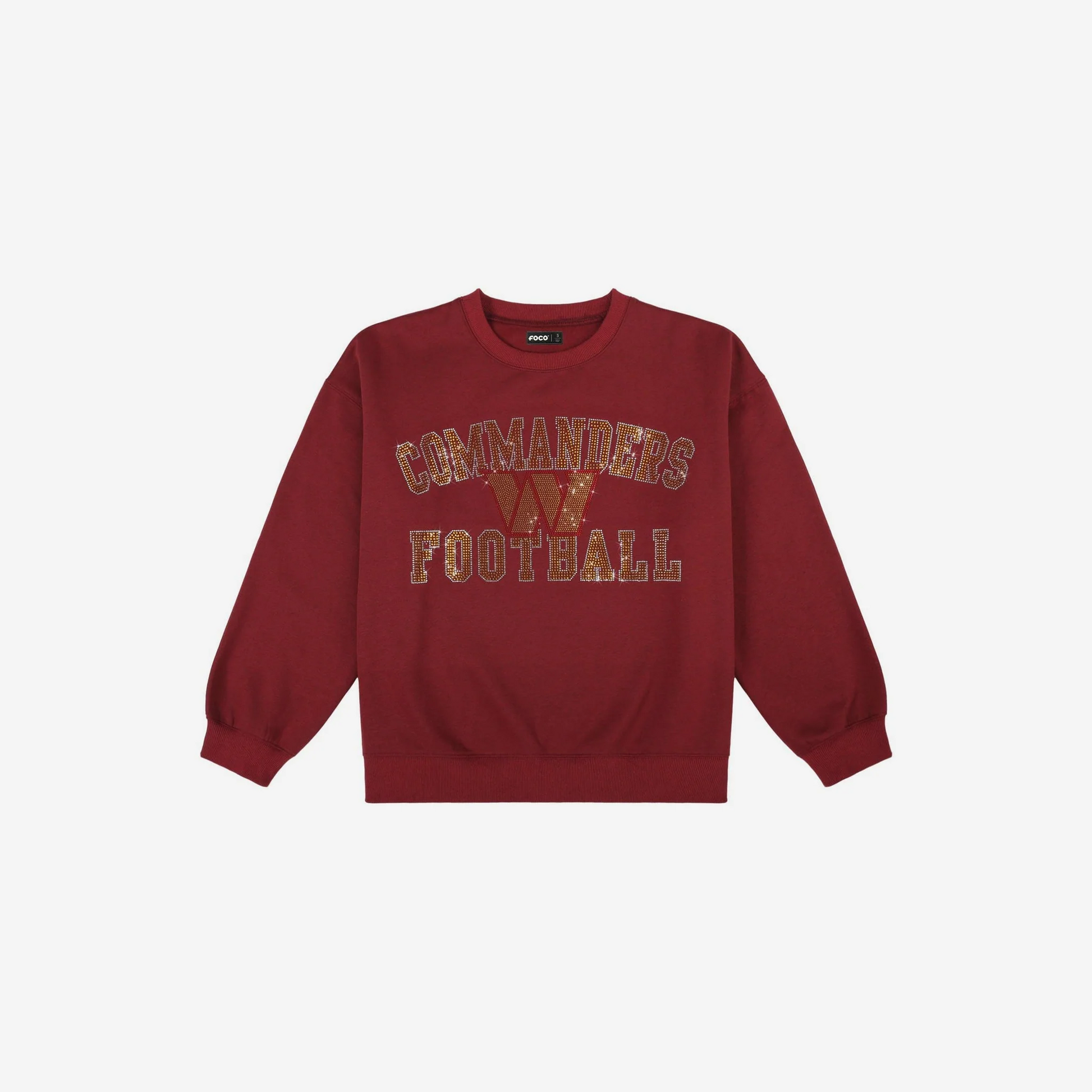 WASHINGTON COMMANDERS WOMEN'S FOCO RHINESTONE LOGO OVERSIZED CREW NECK SWEATSHIRT - RED