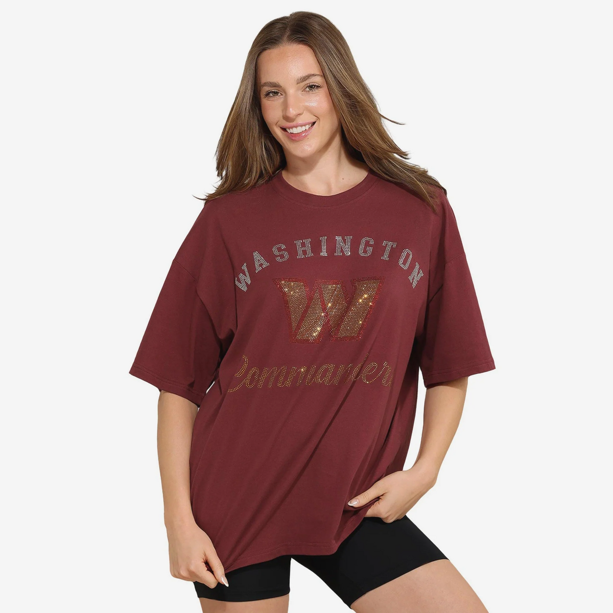 WASHINGTON COMMANDERS WOMEN'S FOCO RHINESTONE LOGO OVERSIZED T-SHIRT - BURGUNDY