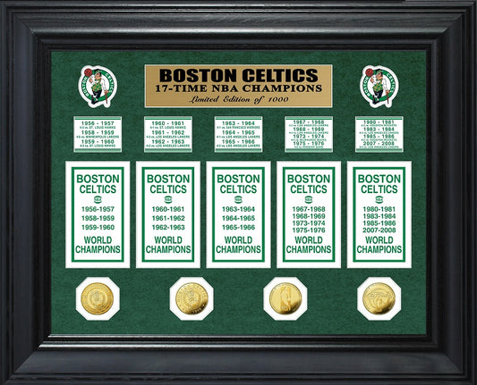 BOSTON CELTICS 17 VECES CAMPEONES DE LA NBA DELUXE COLECCIÓN DE MONEDAS DE ORO Y BANDERA