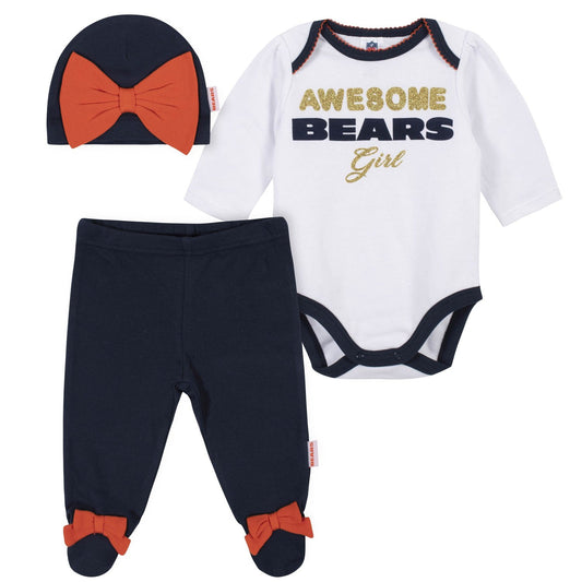 CONJUNTO DE PIJAMA DE 3 PIEZAS CON PIES DE CHICAGO BEARS NIÑA RECIÉN NACIDA