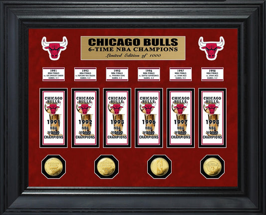 COLECCIÓN DELUXE DE MONEDAS DE ORO Y BANDERA DE CHICAGO BULLS 6 VECES CAMPEONES DE LA NBA