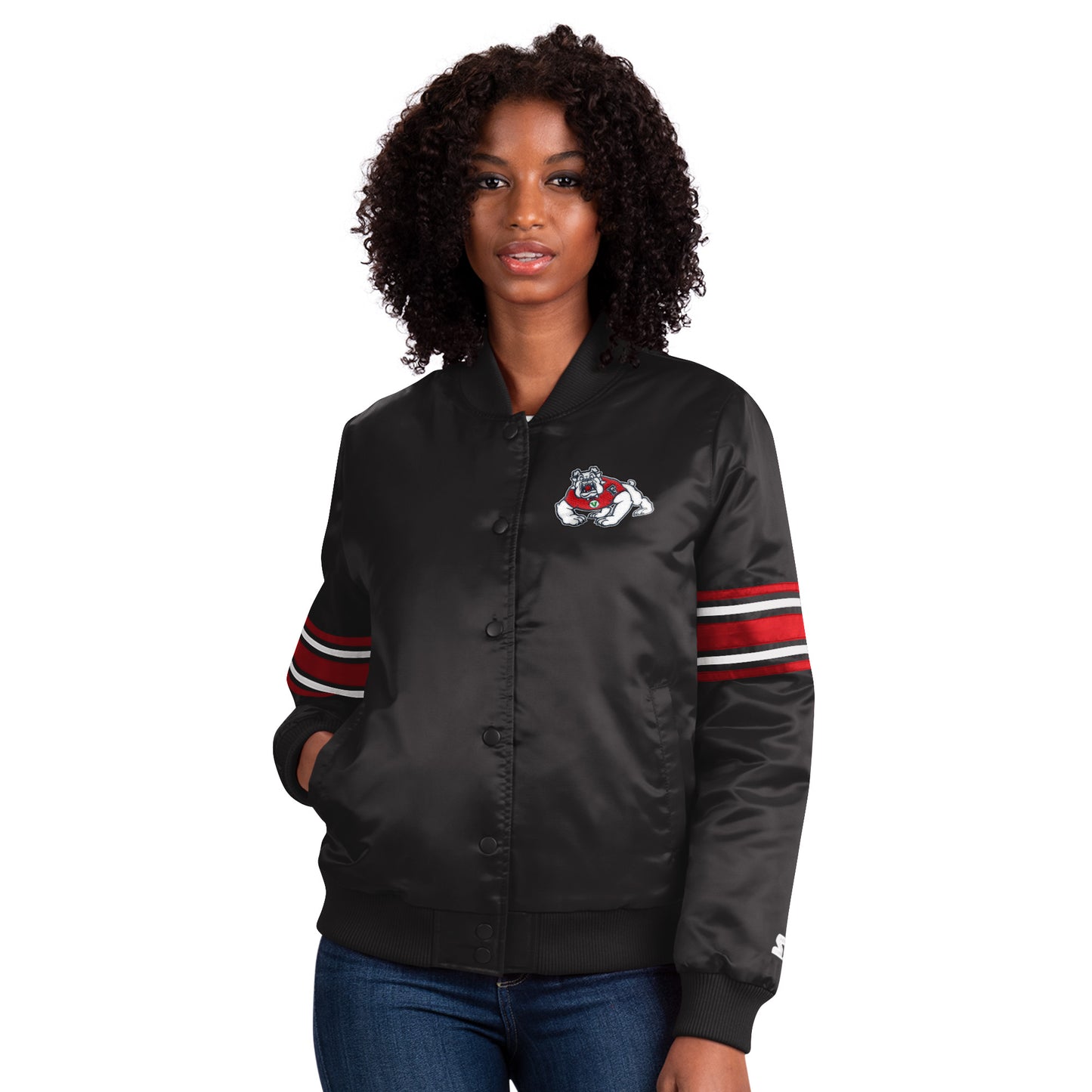 CHAQUETA DE SATÉN NEGRO LÍNEA DE MUJER FRESNO STATE BULLDOGS