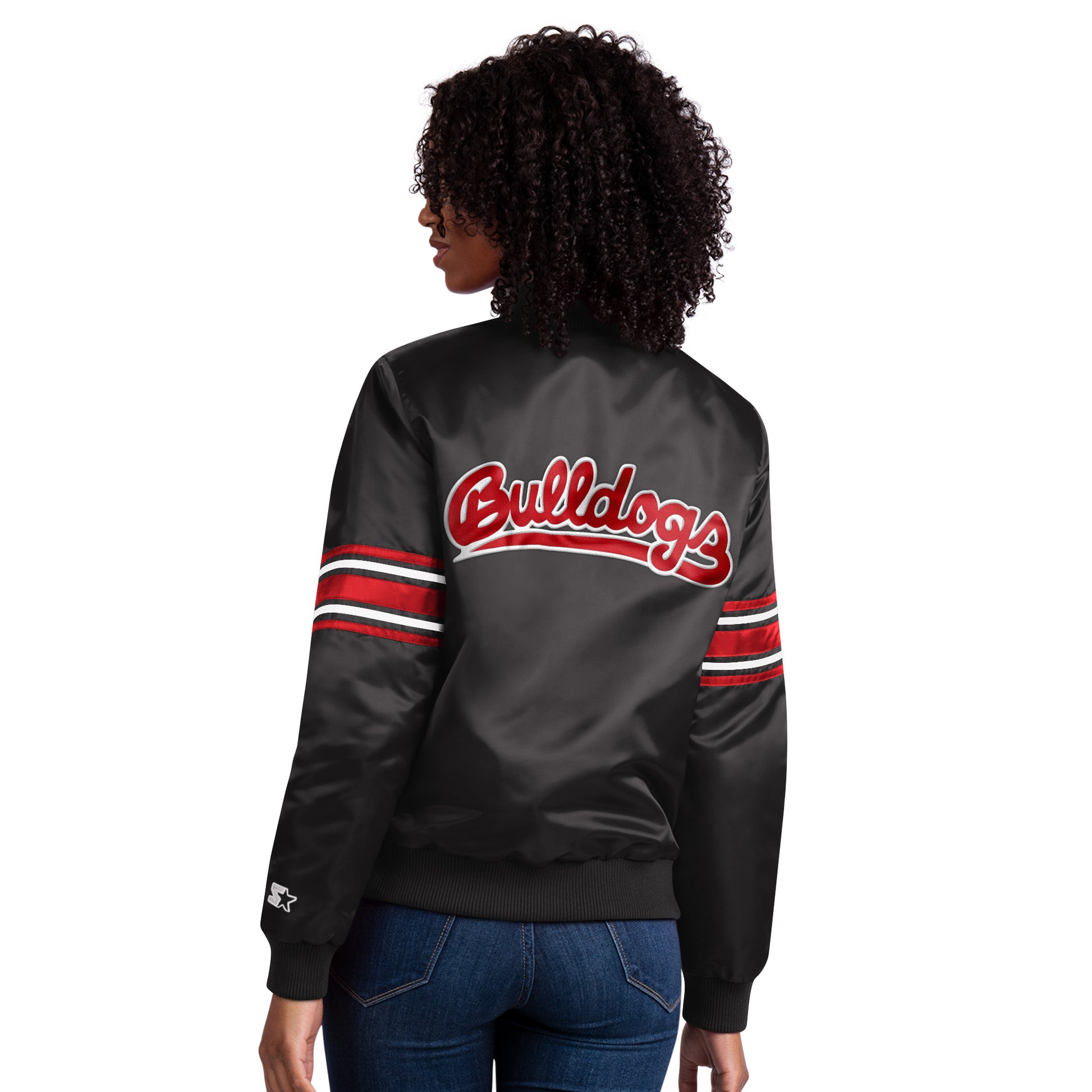 White Satin Baseball Jacket with Green Pockets and Knit Lines