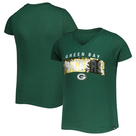 GREEN BAY PACKERS GIRLS SEQUINS V-NECK T-SHIRT