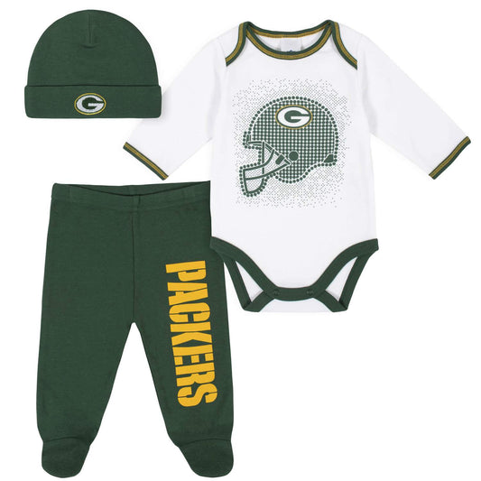 GREEN BAY PACKERS NEWBORN 3-PIECE FOOTED PAJAMA SET