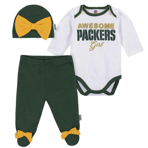 GREEN BAY PACKERS NEWBORN GIRLS 3-PIECE FOOTED PAJAMA SET