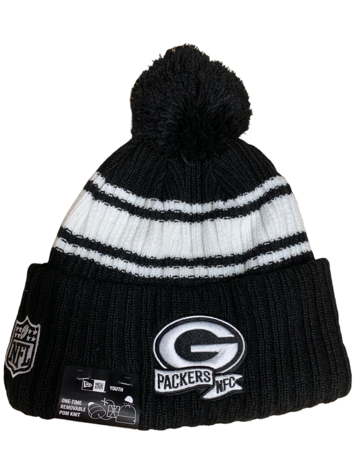 GREEN BAY PACKERS YOUTH 2022 SIDELINE SPORT CUFFED POM KNIT -BLACK/WHITE