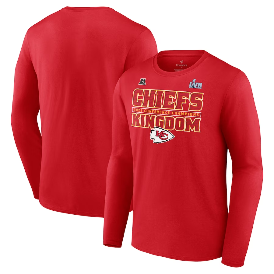 KANSAS CITY CHIEFS CAMISETA DE MANGA LARGA PARA HOMBRE 2022 AFC CONFERENCE CHAMPS TEAM SLOGAN T-SHIRT