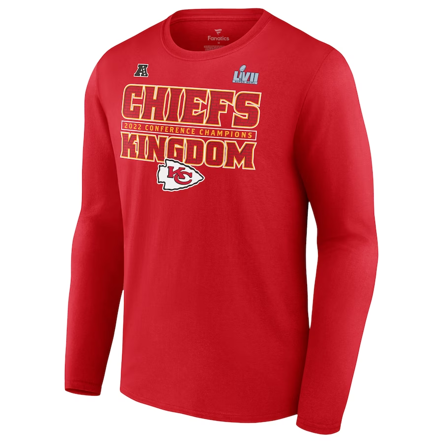 KANSAS CITY CHIEFS CAMISETA DE MANGA LARGA PARA HOMBRE 2022 AFC CONFERENCE CHAMPS TEAM SLOGAN T-SHIRT