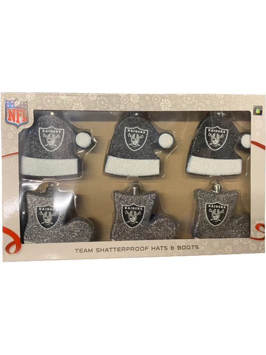 LAS VEGAS RAIDERS 6PK SANTA HATS AND BOOTS SHATTERPROOF CHRISTMAS ORNAMENTS