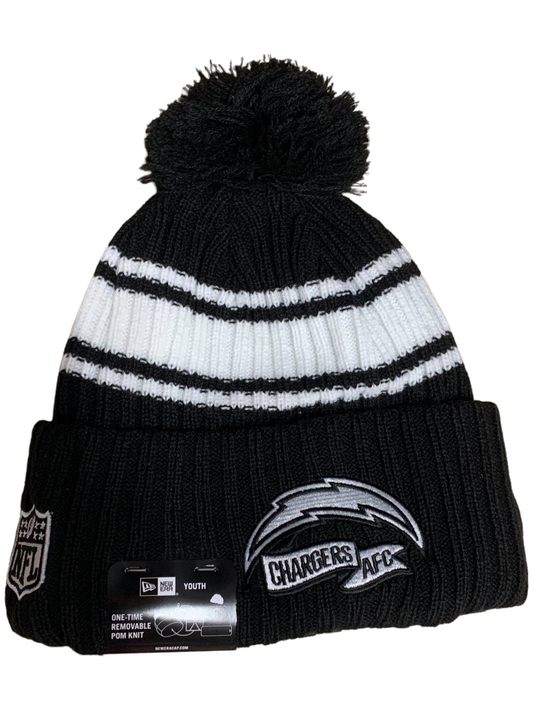LOS ANGELES CHARGERS YOUTH 2022 SIDELINE SPORT CUFFED POM KNIT -BLACK/WHITE