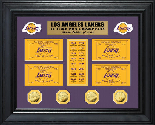 LOS ANGELES LAKERS 16 VECES CAMPEONES DE LA NBA DELUXE COLECCIÓN DE MONEDAS DE ORO Y BANDERA