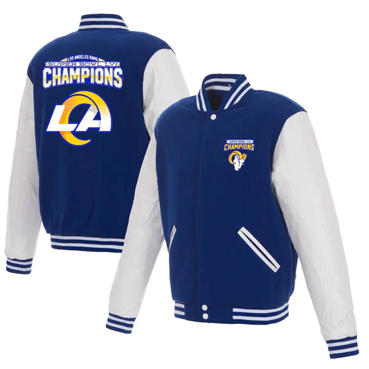 LOS ANGELES RAMS MEN'S SUPER BOWL LVI CHAMPS BLUE REVERSIBLE WOOL AND LEATHER FULL-SNAP JACKET