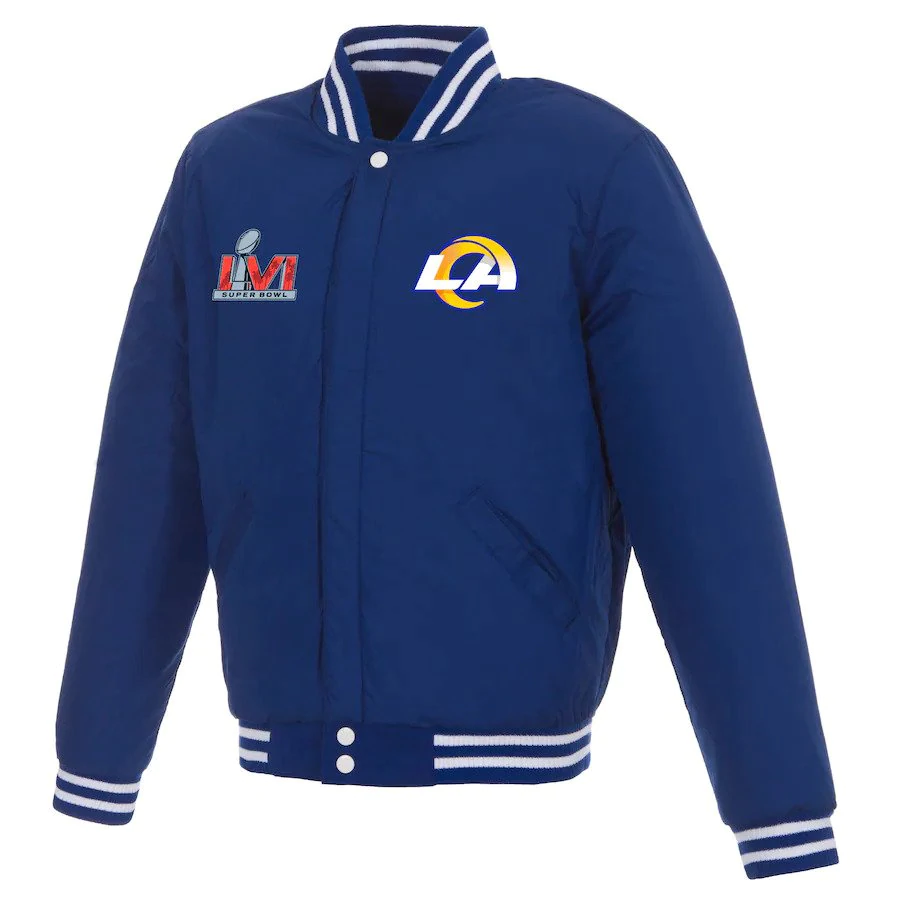 LOS ANGELES RAMS MEN'S SUPER BOWL LVI CHAMPS BLUE REVERSIBLE WOOL AND LEATHER FULL-SNAP JACKET