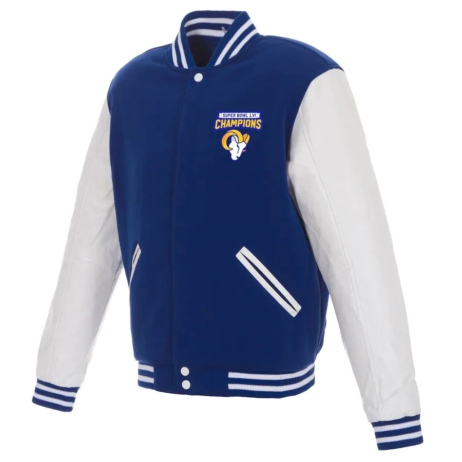 LOS ANGELES RAMS MEN'S SUPER BOWL LVI CHAMPS BLUE REVERSIBLE WOOL AND LEATHER FULL-SNAP JACKET