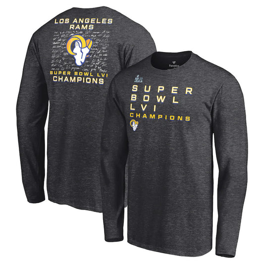 LOS ANGELES RAMS SUPER BOWL LVI CHAMPS CAMISETA DE MANGA LARGA PARA HOMBRE ROSTER SIGNATURE 