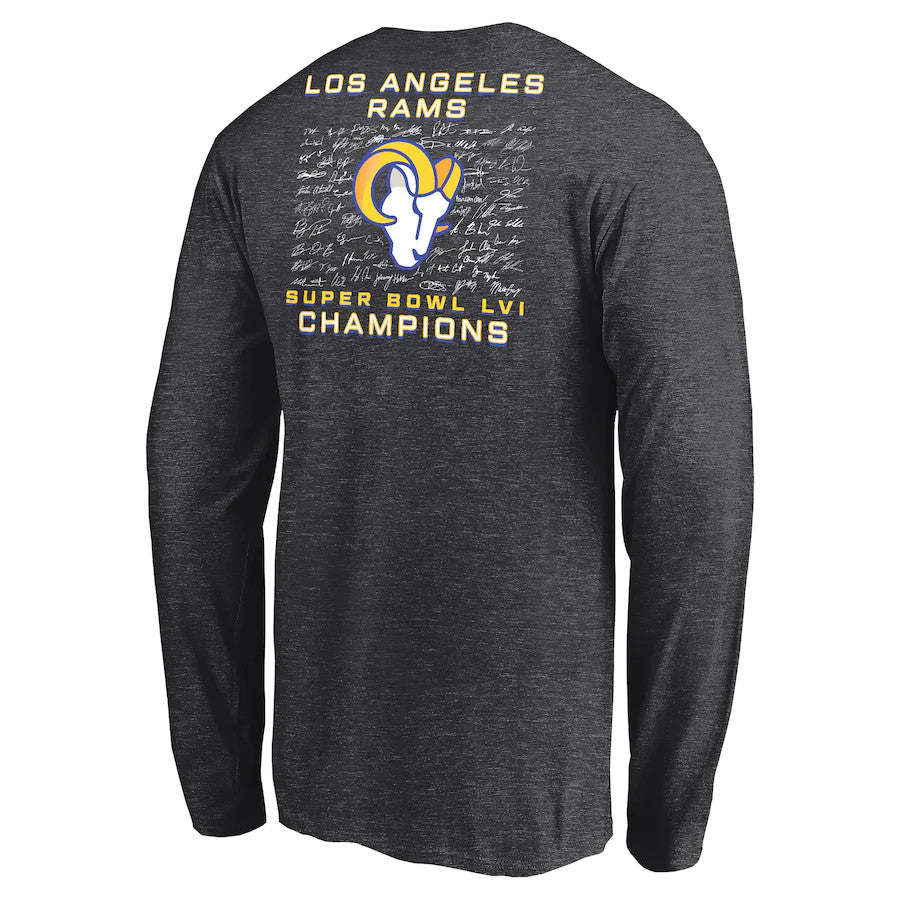 Men's Fanatics Branded Heathered Charcoal Los Angeles Rams Super Bowl LVI Champions Roster Signature Long Sleeve T-Shirt