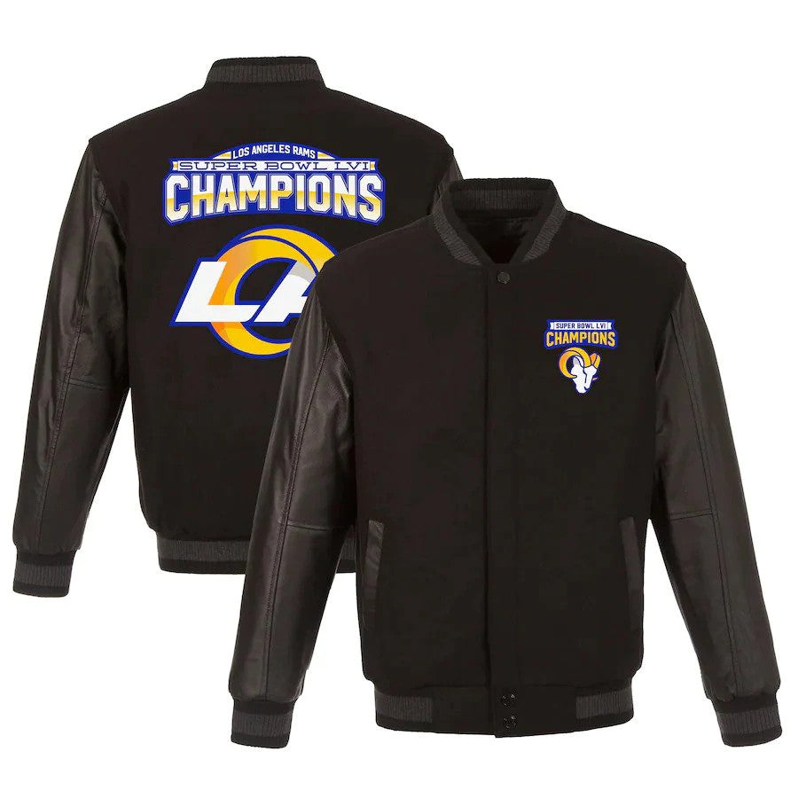 LOS ANGELES RAMS HOMBRE SUPER BOWL LVI CHAMPS CHAQUETA REVERSIBLE DE LANA Y CUERO CON AJUSTES COMPLETOS